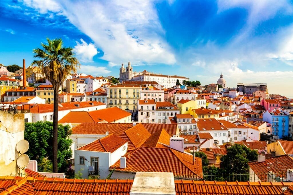 pexels-mikel-12956566 Panoramic view of a sunny Portuguese town with orange-red tiled roofs, a tall palm in the foreground, and white church domes in the distance against a blue sky.
